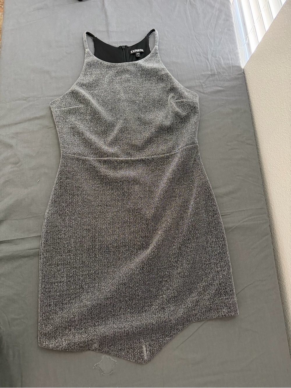 Express Metallic Silver-Gray Asymmetrical Halter Sheath Dress Size 10